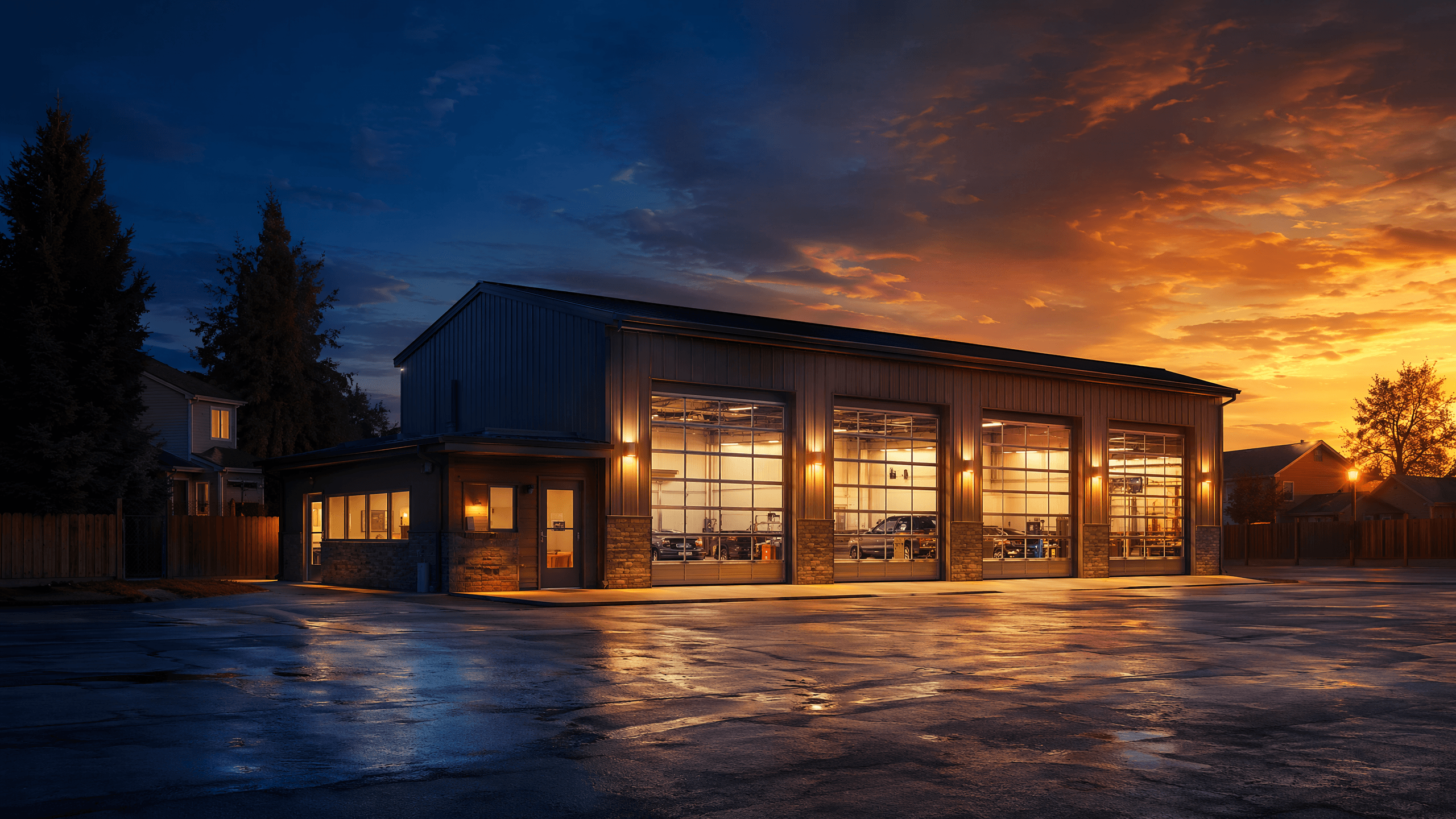 WeFix Collision Center workshop building at sunset